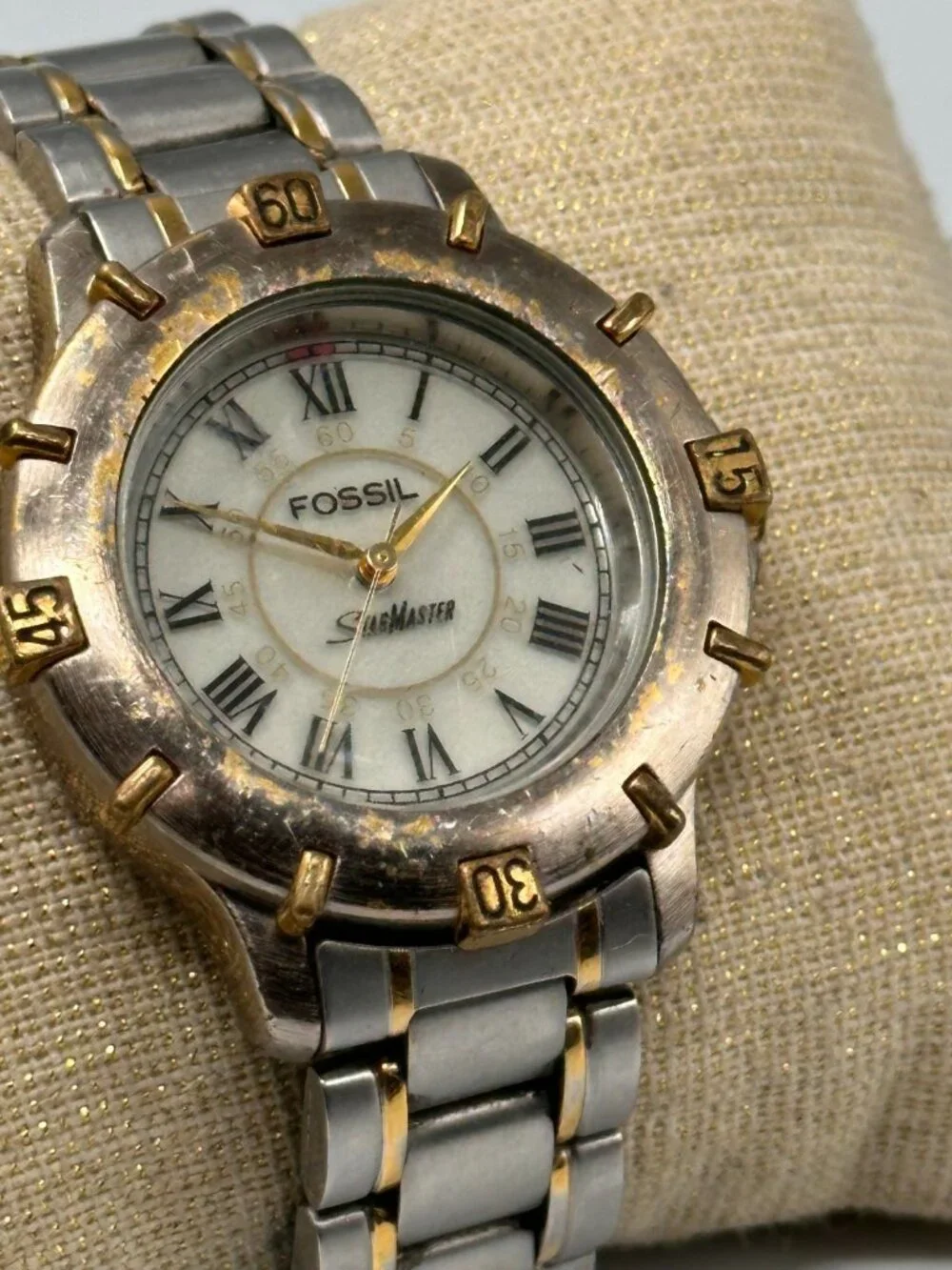 Vintage Fossil Star Master Watch Two Tone Stainless Steel New Battery 7.5